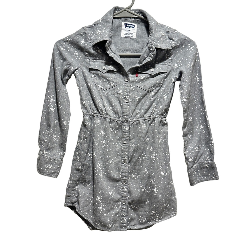 Levi's Star Print Button Up Shirt Dress Kids 7 Grey Long Sleeve Western‎ Casual